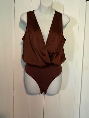 Cider Satin V Neck Ruched Wrap Bodysuit